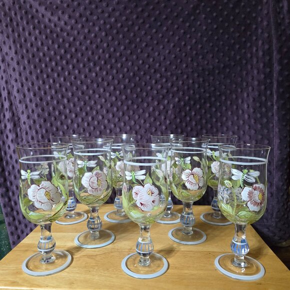 TRACY PORTER ( 9 ) HAND PAINTED Glass Wine Goblets Flowers Dragonfly - Picture 3 of 5